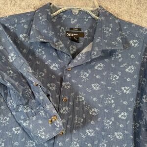 Bar III Blue Chambray Floral Print Slim Fit Shirt Mens Large Button Up Casual
